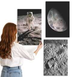 Canvas Art Set Of 3 - Astronaut On The Moon Footprint Photo, Gray Wall Art, Space & Astrology Hanging Piece - thumbnail 3