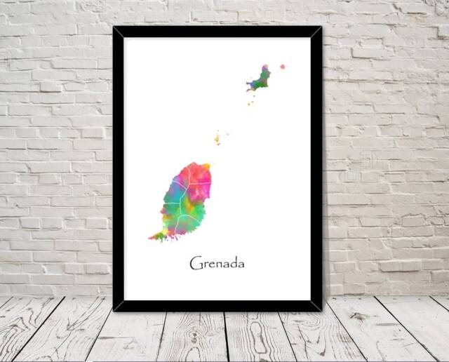Grenada Print Watercolour Illustration Map Art Abstract Home Decor Giclee Office Wall Room