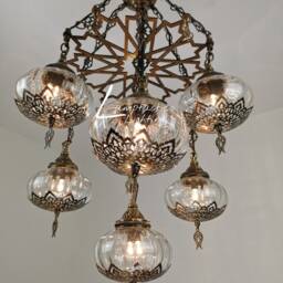 Set Of 7 Globes Laser Cut Turkish Blown Glass Hanging Chandelier Mood Lamp Pendant Lighting, Chandelier, Entryway Lighting Fixture - thumbnail 3
