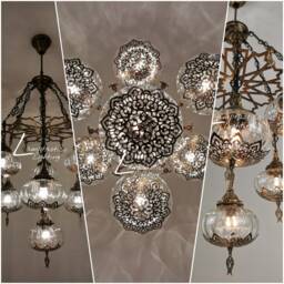 Set Of 7 Globes Laser Cut Turkish Blown Glass Hanging Chandelier Mood Lamp Pendant Lighting, Chandelier, Entryway Lighting Fixture - thumbnail 2