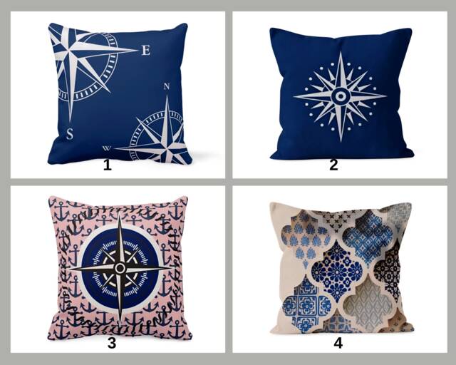 Summer Sea-Themed Cushion Cover, Blue White Nautical Decor, Compass Design Pillow Case, Beach Style Home Accessory, Trendy Living Room Decor - image 1