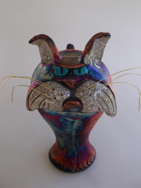 Free Shipping. 7 Inch Sour Puss, Copper Raku Cat, Round Tree Pottery, Nolan Windholtz - image 1