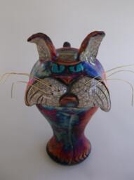 Free Shipping. 7 Inch Sour Puss, Copper Raku Cat, Round Tree Pottery, Nolan Windholtz - thumbnail 1