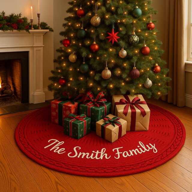 "Personalized Knitted Christmas Tree Skirt With Name - Custom Embroidered Red Holiday Decor Family Xmas Gift- 48""/36""/24" - image 1