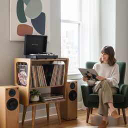 Handmade Mid-Century Modern Plywood Record Player Unit With Vinyl Storage, Turntable Stand - thumbnail 3