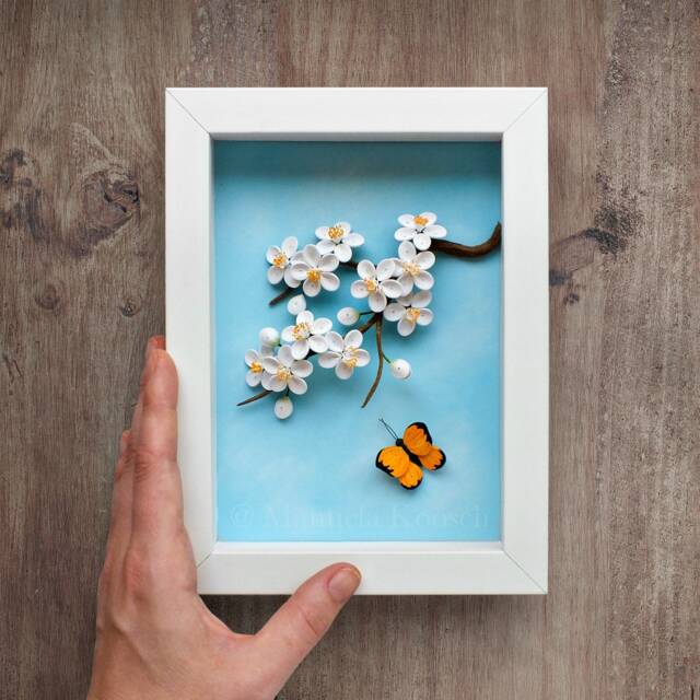 White Cherry Blossom Branch, Sakura, Blue Sky, Yellow Butterfly Wall Art - 3D Paper Quilling Flowers Pastel Small Spring - image 1