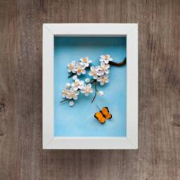 White Cherry Blossom Branch, Sakura, Blue Sky, Yellow Butterfly Wall Art - 3D Paper Quilling Flowers Pastel Small Spring - thumbnail 4