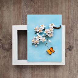 White Cherry Blossom Branch, Sakura, Blue Sky, Yellow Butterfly Wall Art - 3D Paper Quilling Flowers Pastel Small Spring - thumbnail 2