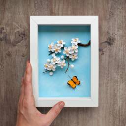 White Cherry Blossom Branch, Sakura, Blue Sky, Yellow Butterfly Wall Art - 3D Paper Quilling Flowers Pastel Small Spring