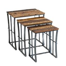 Set 3 Tables Industrial Reclaimed Iron Wood Nest - thumbnail 3