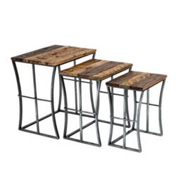Set 3 Tables Industrial Reclaimed Iron Wood Nest - thumbnail 2