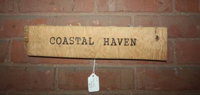 "Handmade Wood Burned Driftwood Wall Hanging, Sign, Reads ""Coastal Haven"
