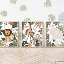 Set Of 3 Safari Animals Prints, Lion Print, Monkey Elephant Jungle Playroom Scandi Kids Art - thumbnail 2