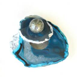 Turquoise Blue Agate Tealight Holder - Lid Pyrite Sphere Silver Leafed - thumbnail 2