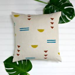 Cream Block Printed Linen Pillow Cover // Teal Mustard Yellow Terracotta Maroon Blue Turquoise Southwetern Desert Print Triangle Design Suns - thumbnail 3