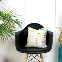 Cream Block Printed Linen Pillow Cover // Teal Mustard Yellow Terracotta Maroon Blue Turquoise Southwetern Desert Print Triangle Design Suns - thumbnail 2
