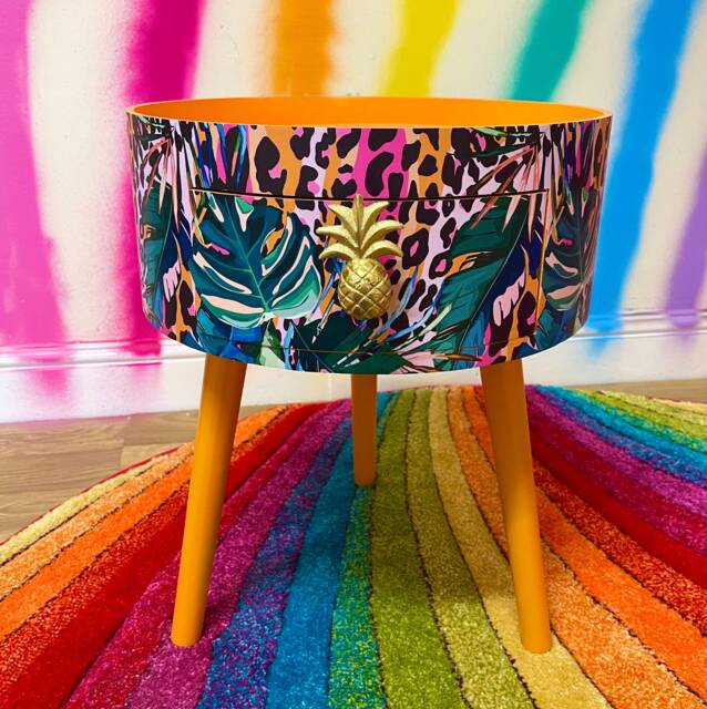 Neon Orange Coffee Table , Tropical & Orange Leopard Print Animal Floral Print. Round With Three Legs, Built in Drawer - image 1