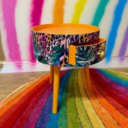 Neon Orange Coffee Table , Tropical & Orange Leopard Print Animal Floral Print. Round With Three Legs, Built in Drawer - thumbnail 2