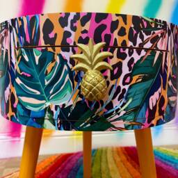 Neon Orange Coffee Table , Tropical & Orange Leopard Print Animal Floral Print. Round With Three Legs, Built in Drawer - thumbnail 3
