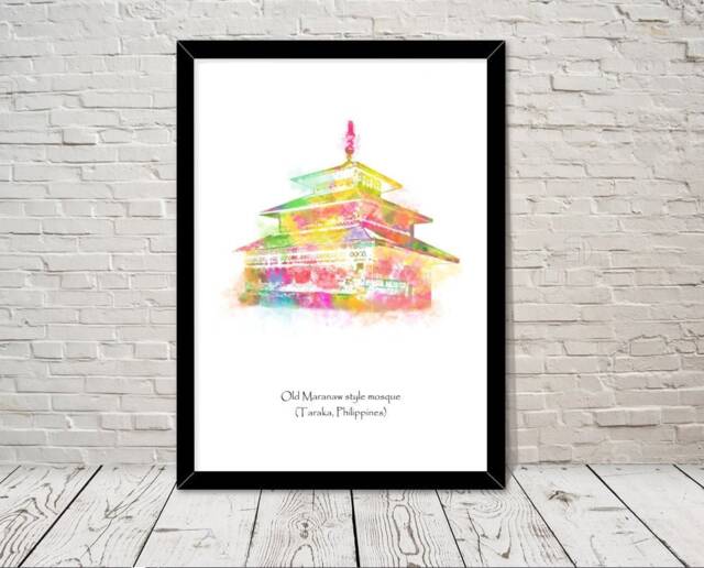 Philippines Old Maranaw Style Mosque Islamic Art Watercolour Illustration Prints Islamic Wall Gift Muslim Islam