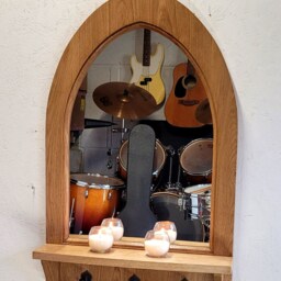 Gothic Arch English Oak Solid Hardwood Wooden Wall Mirror With Key Coat Hooks 95 cm - thumbnail 3