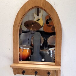 Gothic Arch English Oak Solid Hardwood Wooden Wall Mirror With Key Coat Hooks 95 cm - thumbnail 2