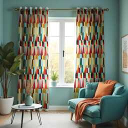 Retro Geometric Curtains, Color Block Pattern Drapes, Mid-Century Modern Vibrant Window Panels, Bold Abstract Decor - thumbnail 3