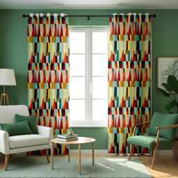 Retro Geometric Curtains, Color Block Pattern Drapes, Mid-Century Modern Vibrant Window Panels, Bold Abstract Decor - thumbnail 2