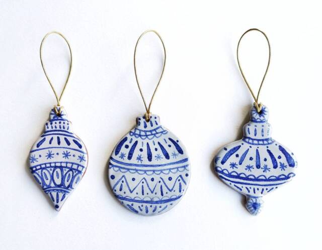 Handmade Ceramic Christmas Baubles Blue & White Scandinavian-style Ornaments - Set Of 3 - image 1