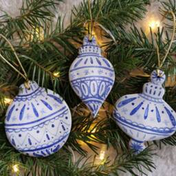 Handmade Ceramic Christmas Baubles Blue & White Scandinavian-style Ornaments - Set Of 3 - thumbnail 2