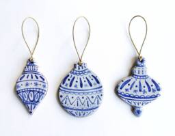 Handmade Ceramic Christmas Baubles Blue & White Scandinavian-style Ornaments - Set Of 3 - thumbnail 1