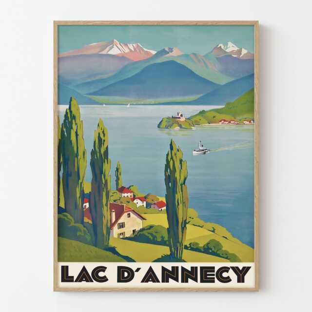 Lac D'annecy France Vintage Travel Poster, Alpine Lake Landscape Retro Wall Art Print - image 1