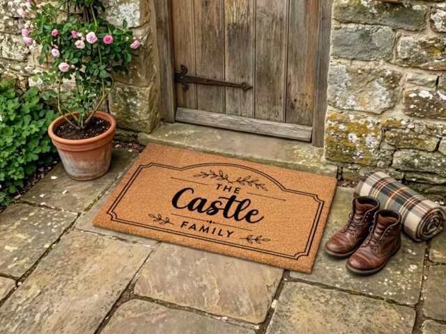 Rustic Cottage Arch Border - Custom Family Name Coir Mat - Personalised Welcome Doormat Wedding Gift - image 1