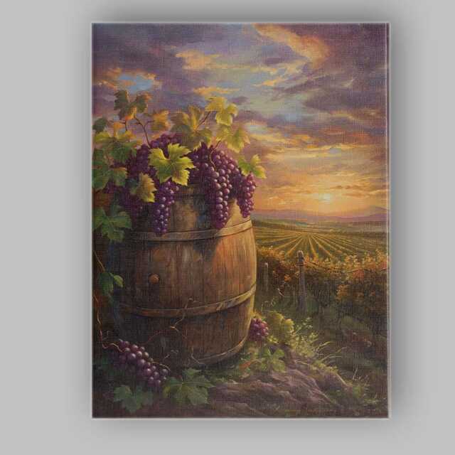 Rustic Vineyard Wine Barrel Purple Grapes Sunset Landscape Canvas Wall Art Print Decor Picture Ready To Hang - image 1