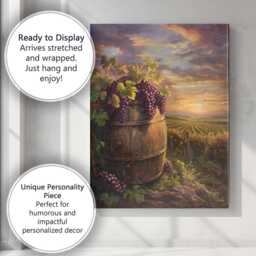 Rustic Vineyard Wine Barrel Purple Grapes Sunset Landscape Canvas Wall Art Print Decor Picture Ready To Hang - thumbnail 3