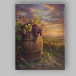 Rustic Vineyard Wine Barrel Purple Grapes Sunset Landscape Canvas Wall Art Print Decor Picture Ready To Hang - thumbnail 1