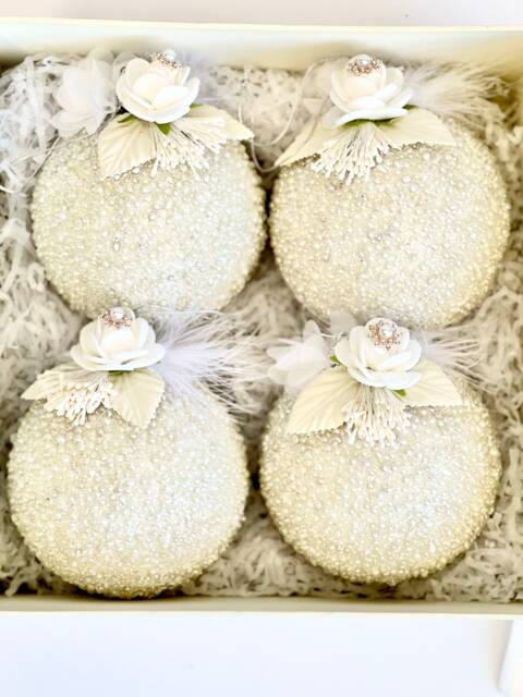 Handmade White Christmas Ball Ornaments Set Of 4 - image 1