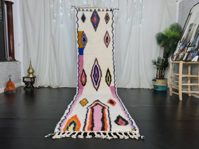 Custom Moroccan Runner, Azilal Runner Rug, White & Purple, Wool Berber Carpet, Bohemian Abstract Handwoven Handmade Rug - image 1