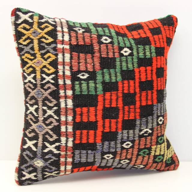 Handmade Kilim Pillow Cover 16x16, Vintage Turkish Wool Cushion - image 1