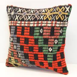 Handmade Kilim Pillow Cover 16x16, Vintage Turkish Wool Cushion - thumbnail 3