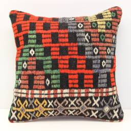 Handmade Kilim Pillow Cover 16x16, Vintage Turkish Wool Cushion - thumbnail 2