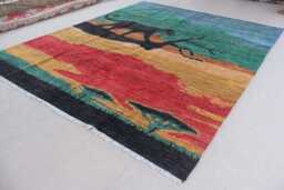 8x10 Gabbeh Pictorial Rug, Animal Hunting Piece, Handmade Wool Art Afghan Tribal Multicolor Natural Veg Dyes Living Room Rug - thumbnail 1