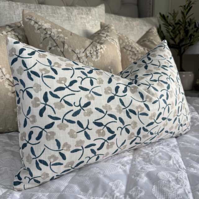 Dainty Floral Cotton Cushion Cover in John Lewis Scallop Fabric - Blue & Beige Pillow Countryside Home Decor - image 1