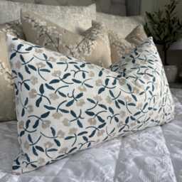 Dainty Floral Cotton Cushion Cover in John Lewis Scallop Fabric - Blue & Beige Pillow Countryside Home Decor - thumbnail 1