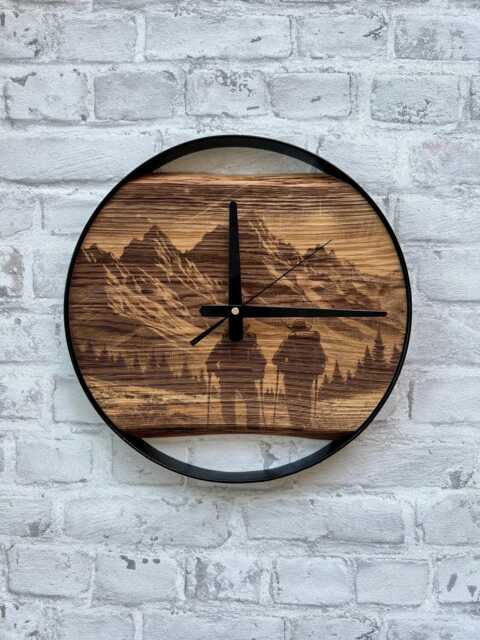 Mountain Clock, Silent Round Carved Live Edge Wood & Metal, Hiking Home Decor, Hiker Gifts, Theme Outdoorsy Gifts - image 1