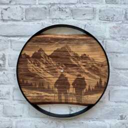 Mountain Clock, Silent Round Carved Live Edge Wood & Metal, Hiking Home Decor, Hiker Gifts, Theme Outdoorsy Gifts - thumbnail 3