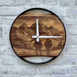 Mountain Clock, Silent Round Carved Live Edge Wood & Metal, Hiking Home Decor, Hiker Gifts, Theme Outdoorsy Gifts - thumbnail 2