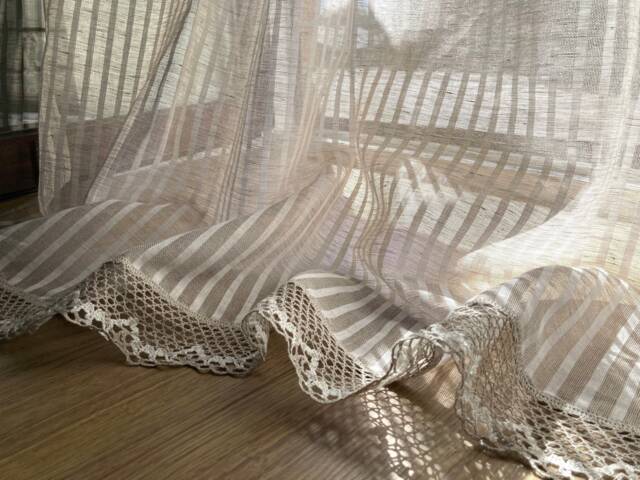 Lace Trim Linen Curtain Panel Sheer Striped French Style Drapery - image 1