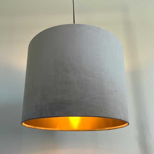 Grey Velvet Drum Lampshade Metallic Gold Lining, Ceiling Shade - image 1
