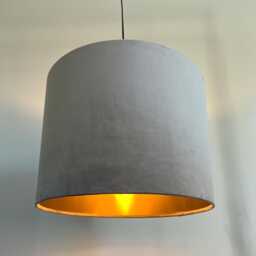 Grey Velvet Drum Lampshade Metallic Gold Lining, Ceiling Shade